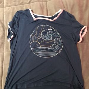 Navy blue embroidered short sleeve shirt